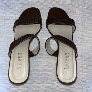 Lauren Ralph Lauren Richelle Dark Brown Leather Wedge Heels Slip On Sandal Size